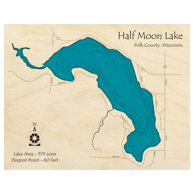 Bathymetric topo map of Half Moon Lake, WI with roads, towns and depths noted in blue water.