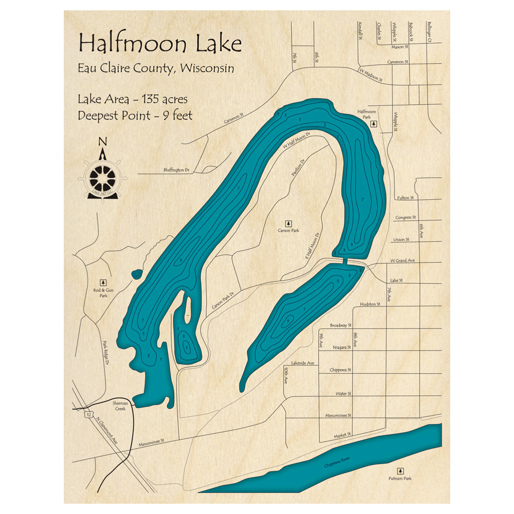 Bathymetric topo map of Halfmoon Lake, WI with roads, towns and depths noted in blue water.