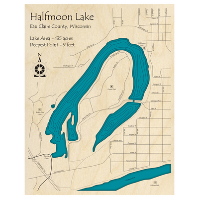Bathymetric topo map of Halfmoon Lake, WI with roads, towns and depths noted in blue water.