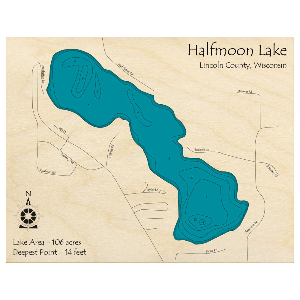 Bathymetric topo map of Halfmoon Lake, WI with roads, towns and depths noted in blue water.