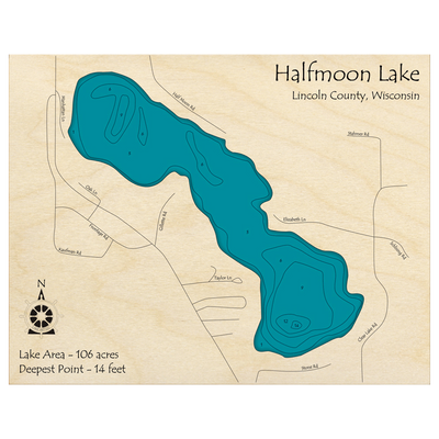 Bathymetric topo map of Halfmoon Lake, WI with roads, towns and depths noted in blue water.