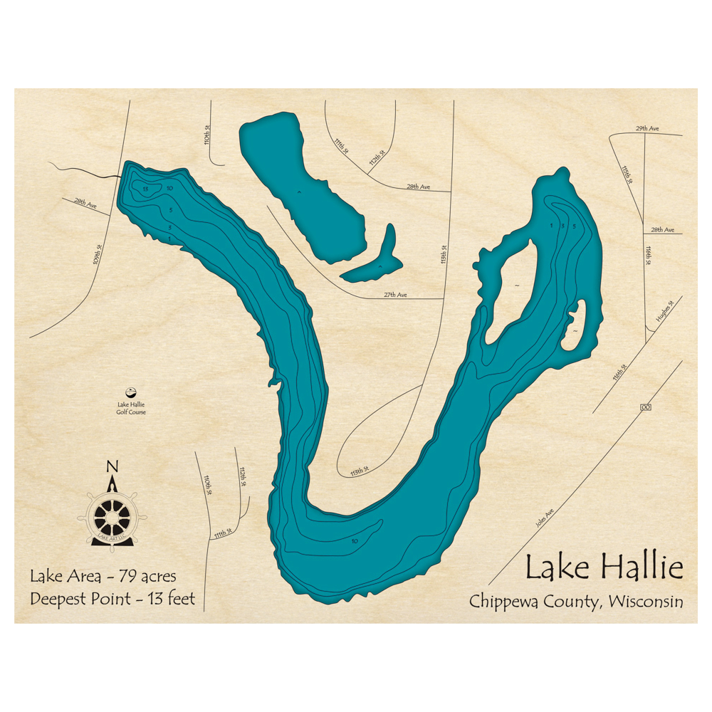 Bathymetric topo map of Lake Hallie, WI with roads, towns and depths noted in blue water.