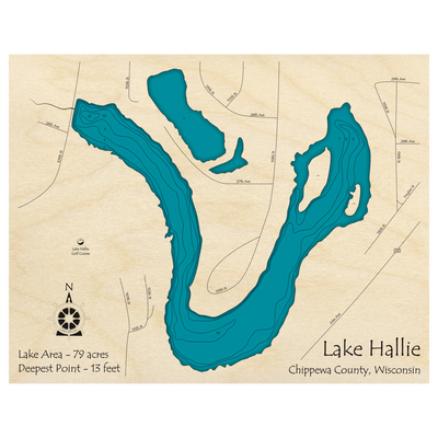 Bathymetric topo map of Lake Hallie, WI with roads, towns and depths noted in blue water.