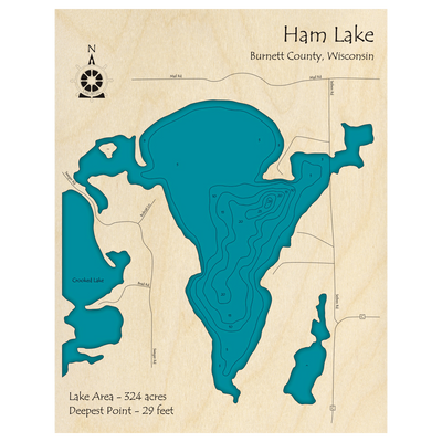 Bathymetric topo map of Ham Lake, WI with roads, towns and depths noted in blue water.