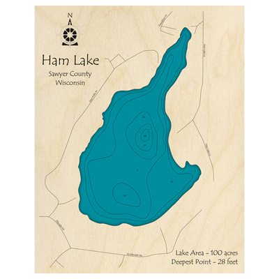 Bathymetric topo map of Ham Lake, WI with roads, towns and depths noted in blue water.