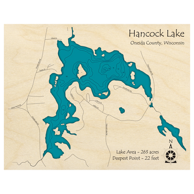 Bathymetric topo map of Hancock Lake, WI with roads, towns and depths noted in blue water.