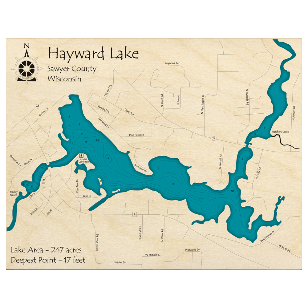 Bathymetric topo map of Hayward Lake, WI with roads, towns and depths noted in blue water.