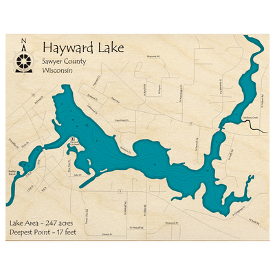 Bathymetric topo map of Hayward Lake, WI with roads, towns and depths noted in blue water.