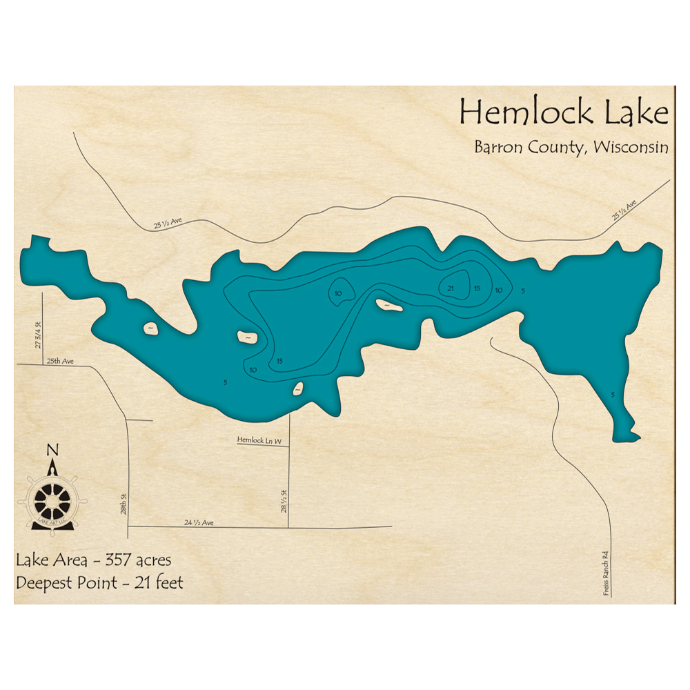 Bathymetric topo map of Hemlock Lake, WI with roads, towns and depths noted in blue water.