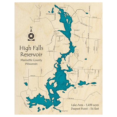 Bathymetric topo map of High Falls Reservoir, WI with roads, towns and depths noted in blue water.