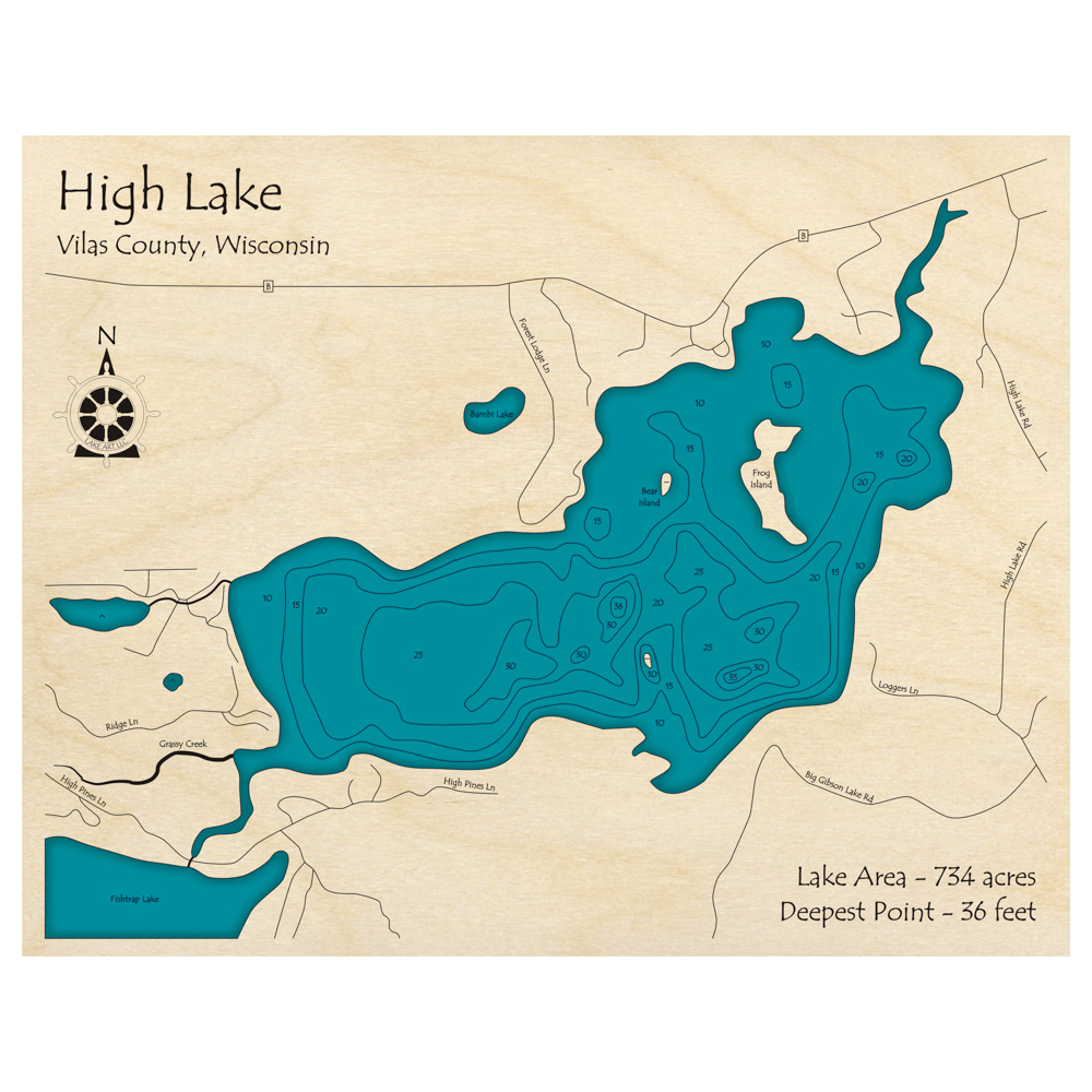 Bathymetric topo map of High Lake, WI with roads, towns and depths noted in blue water.