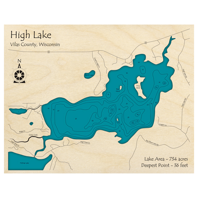Bathymetric topo map of High Lake, WI with roads, towns and depths noted in blue water.