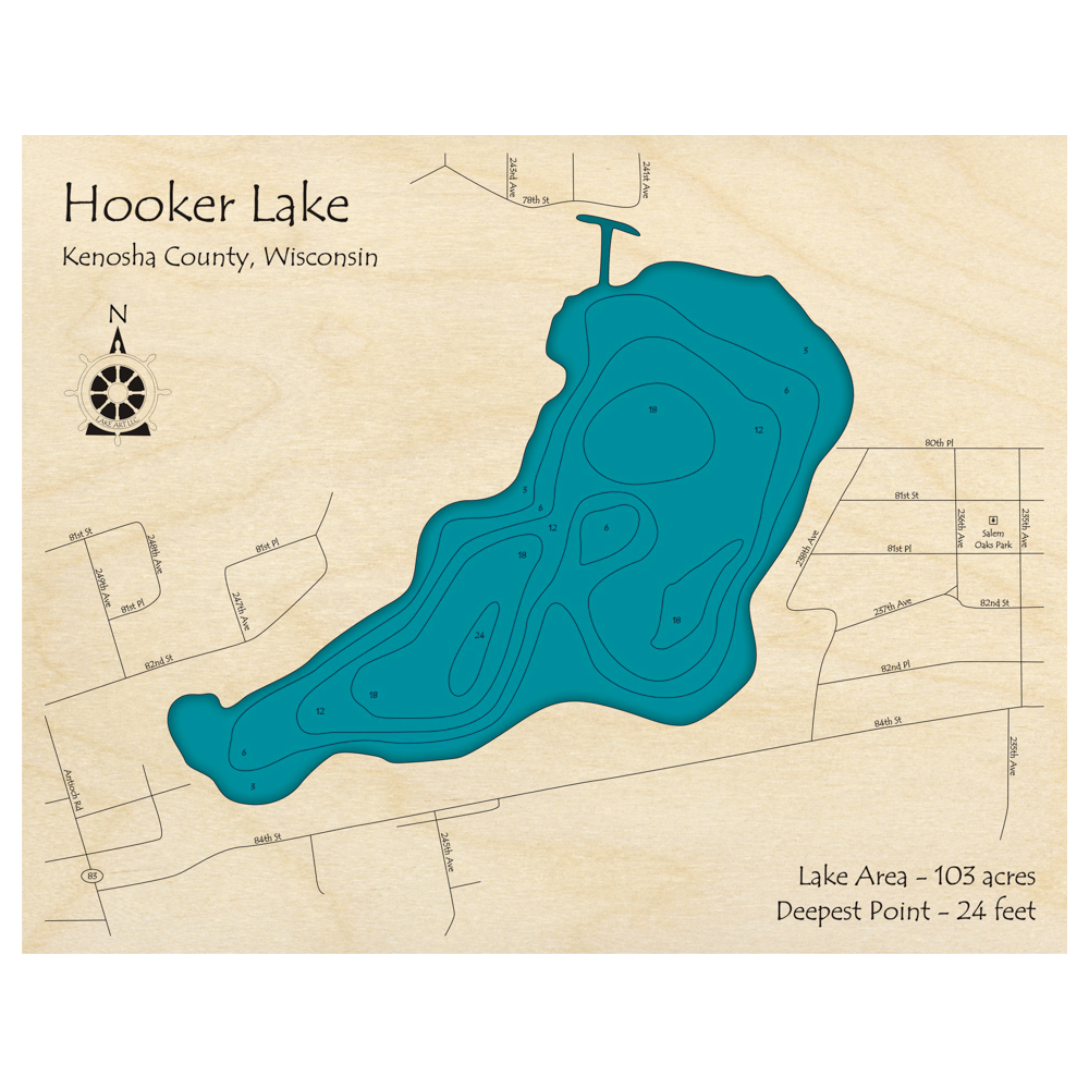 Bathymetric topo map of Hooker Lake, WI with roads, towns and depths noted in blue water.
