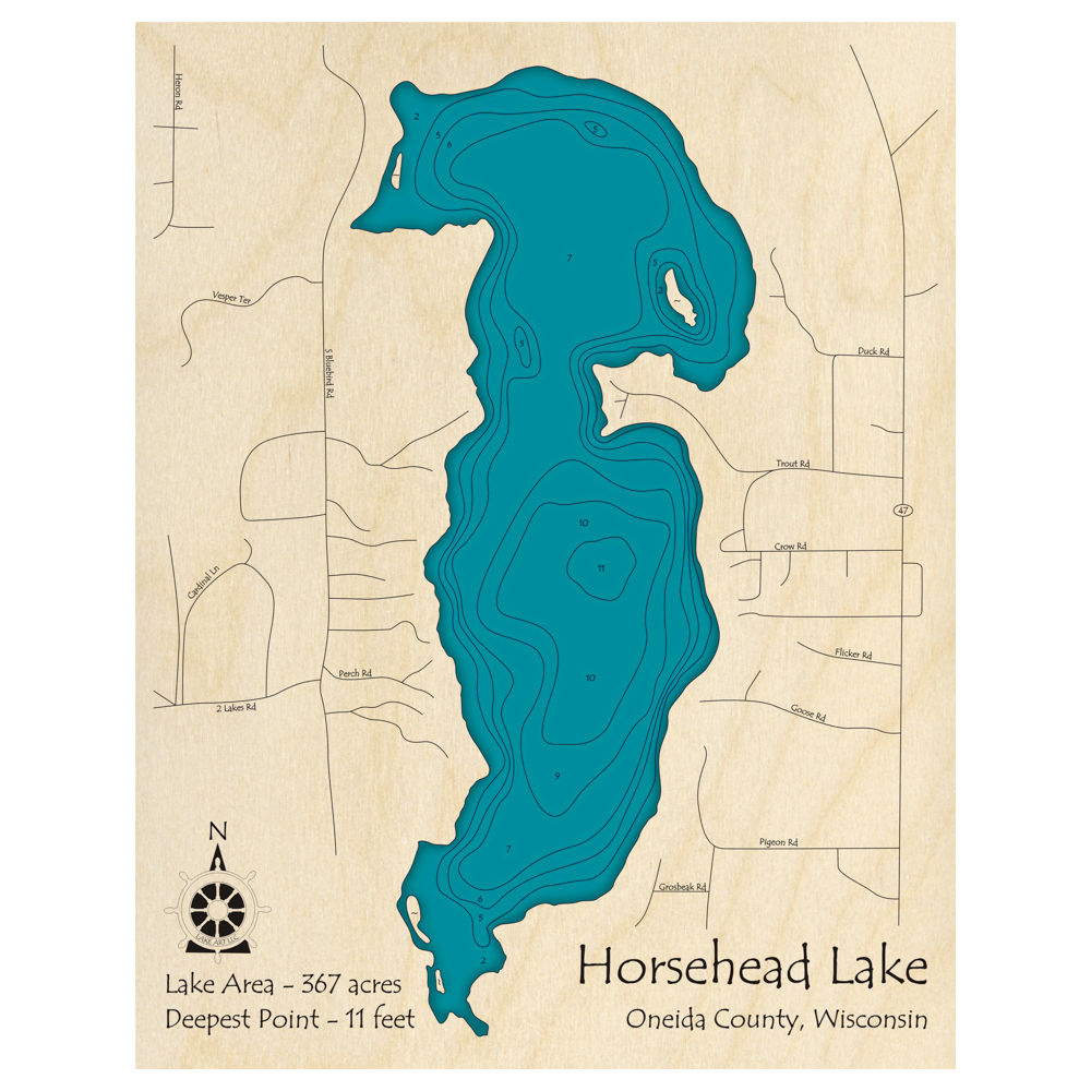 Bathymetric topo map of Horsehead Lake, WI with roads, towns and depths noted in blue water.