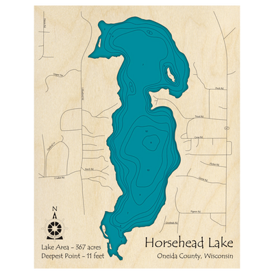 Bathymetric topo map of Horsehead Lake, WI with roads, towns and depths noted in blue water.