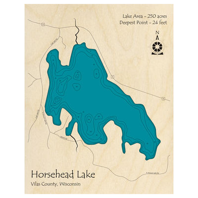 Bathymetric topo map of Horsehead Lake, WI with roads, towns and depths noted in blue water.
