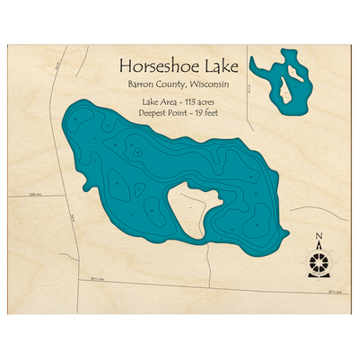 Bathymetric topo map of Horseshoe Lake, WI with roads, towns and depths noted in blue water.