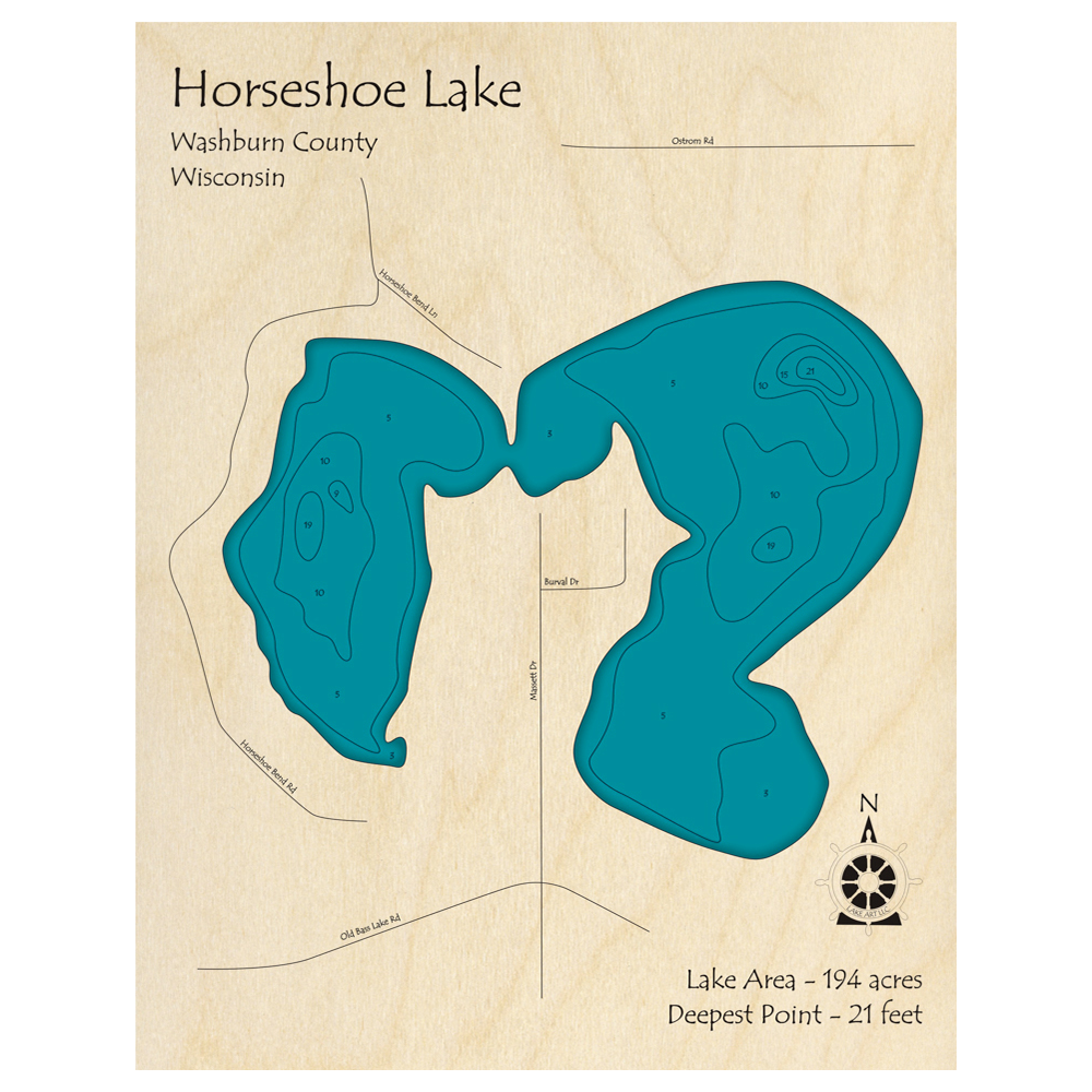 Bathymetric topo map of Horseshoe Lake, WI with roads, towns and depths noted in blue water.