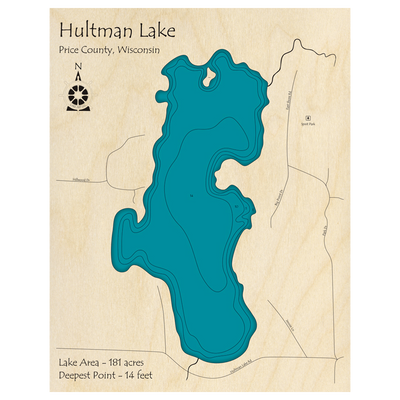 Bathymetric topo map of Hultman Lake, WI with roads, towns and depths noted in blue water.