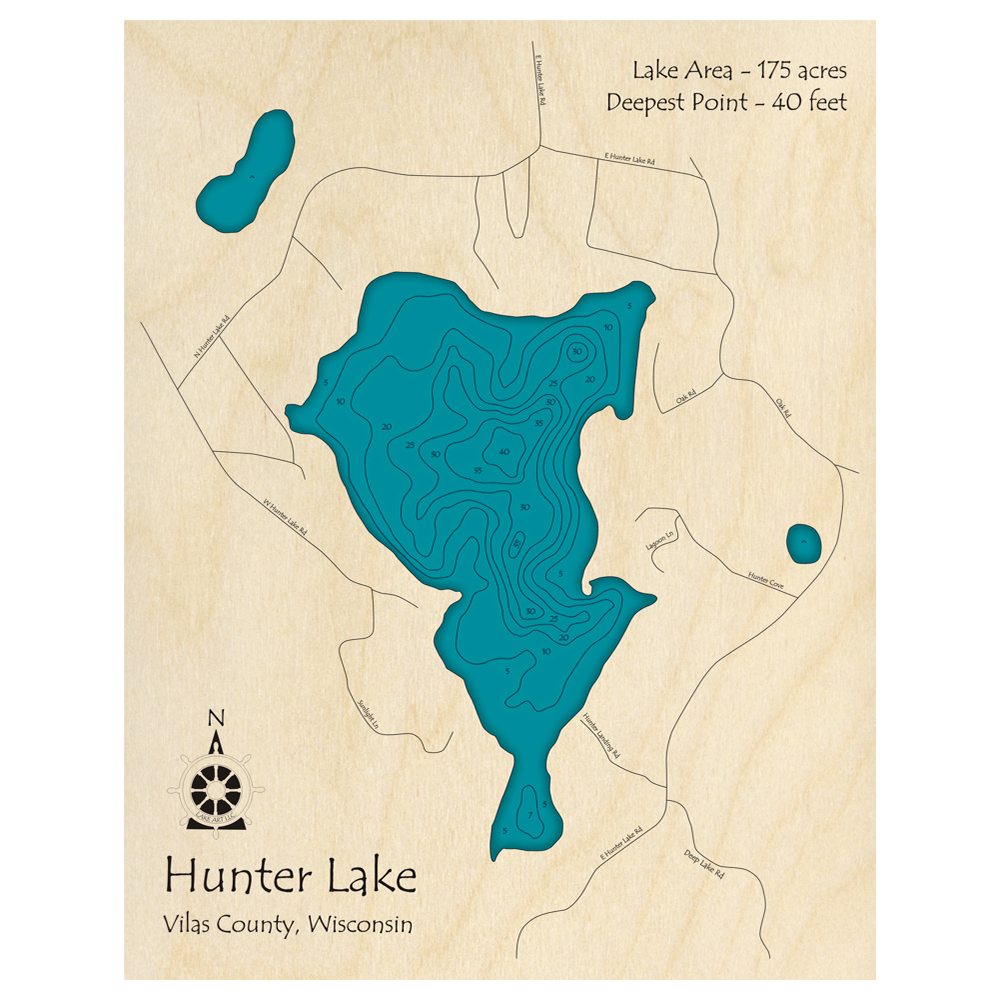 Bathymetric topo map of Hunter Lake, WI with roads, towns and depths noted in blue water.