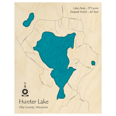 Bathymetric topo map of Hunter Lake, WI with roads, towns and depths noted in blue water.