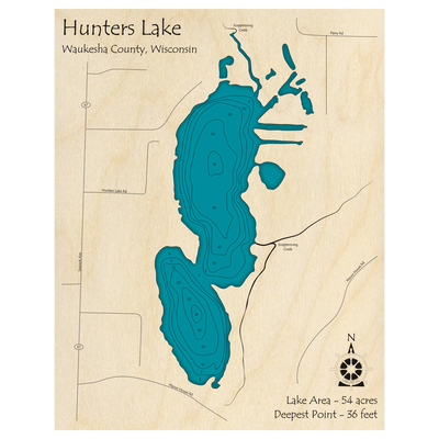 Bathymetric topo map of Hunters Lake, WI with roads, towns and depths noted in blue water.