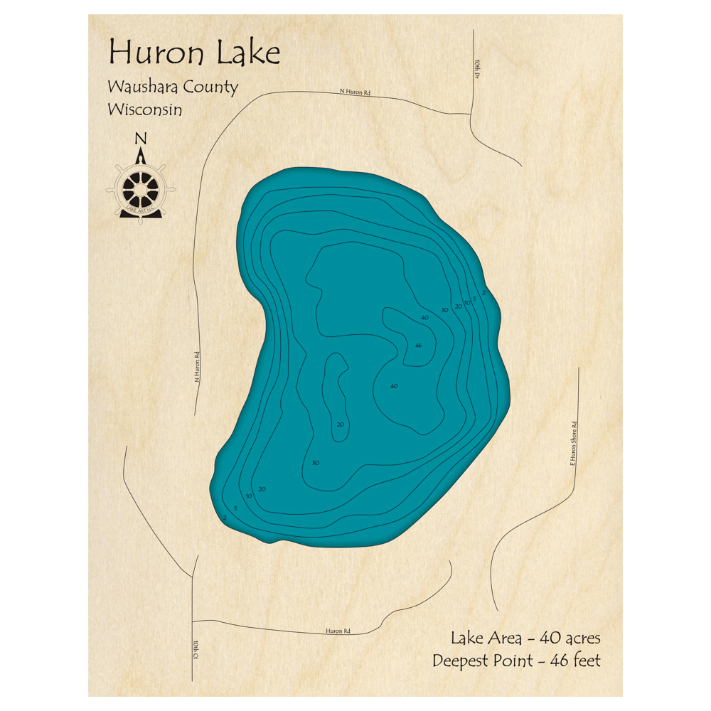 Bathymetric topo map of Huron Lake, WI with roads, towns and depths noted in blue water.