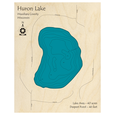 Bathymetric topo map of Huron Lake, WI with roads, towns and depths noted in blue water.
