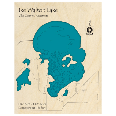Bathymetric topo map of Ike Walton Lake, WI with roads, towns and depths noted in blue water.