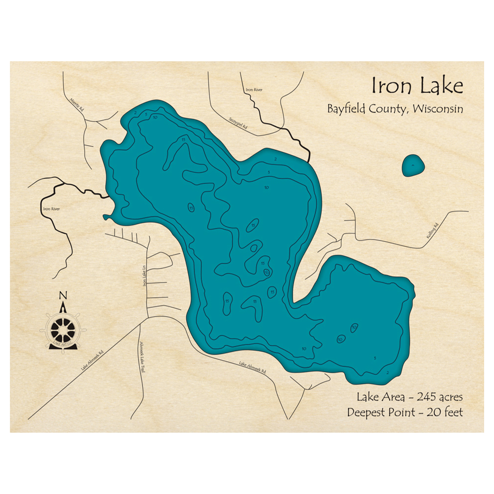 Bathymetric topo map of Iron Lake, WI with roads, towns and depths noted in blue water.
