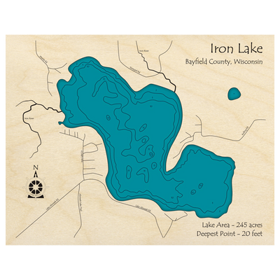 Bathymetric topo map of Iron Lake, WI with roads, towns and depths noted in blue water.