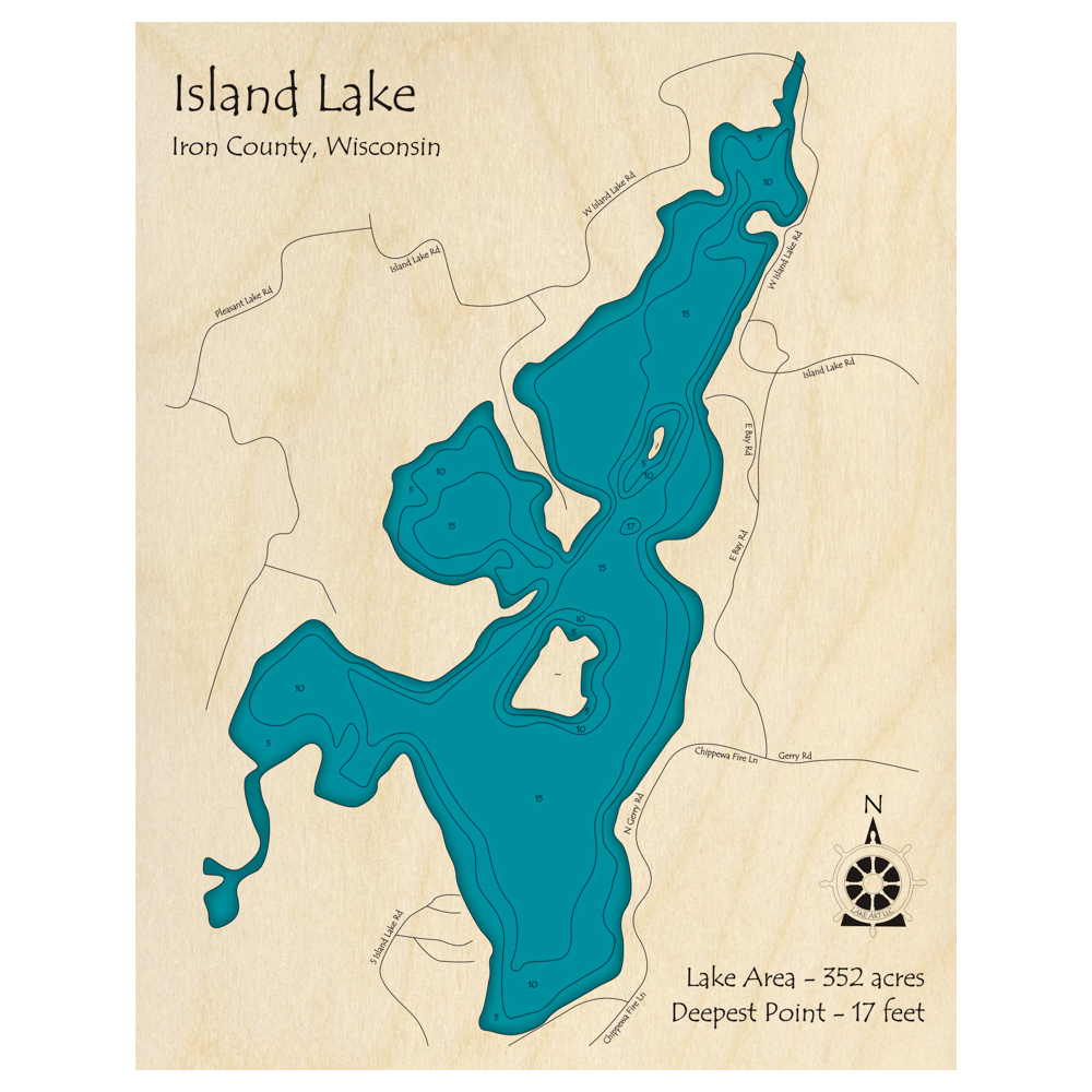 Bathymetric topo map of Island Lake, WI with roads, towns and depths noted in blue water.