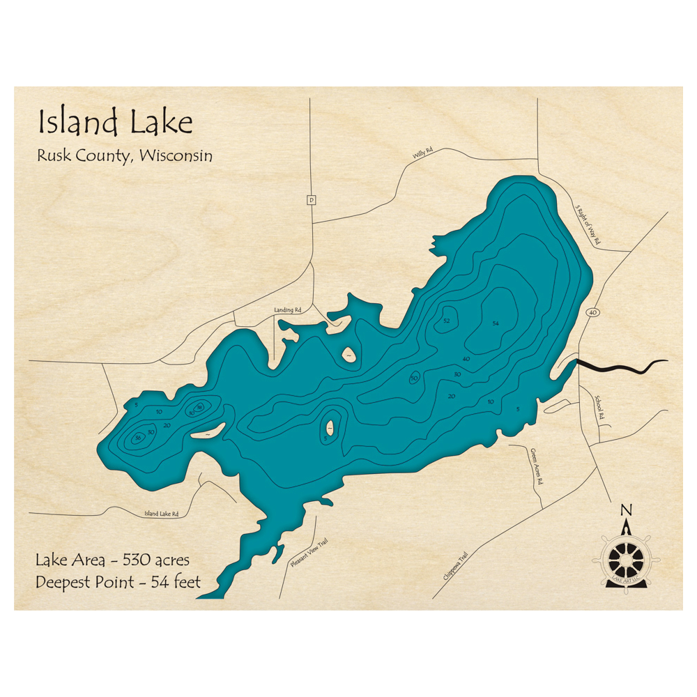 Bathymetric topo map of Island Lake, WI with roads, towns and depths noted in blue water.