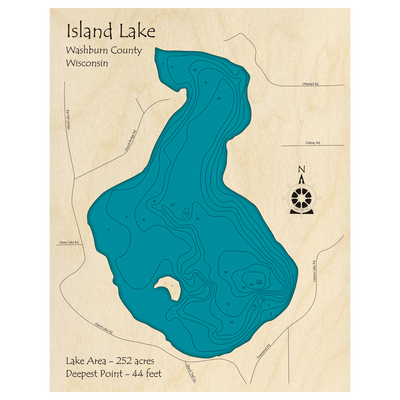 Bathymetric topo map of Island Lake, WI with roads, towns and depths noted in blue water.