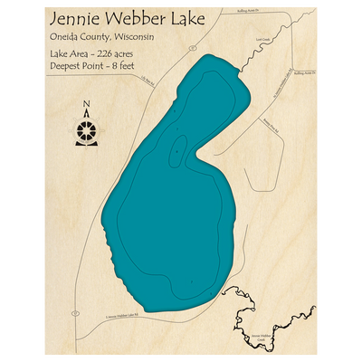 Bathymetric topo map of Jennie Webber Lake, WI with roads, towns and depths noted in blue water.