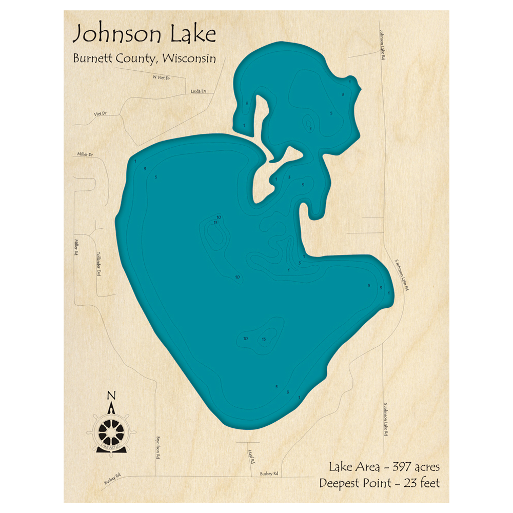 Bathymetric topo map of Johnson Lake, WI with roads, towns and depths noted in blue water.