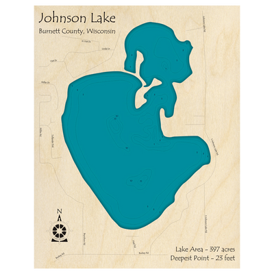 Bathymetric topo map of Johnson Lake, WI with roads, towns and depths noted in blue water.