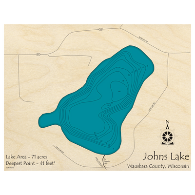 Bathymetric topo map of Johns Lake, WI with roads, towns and depths noted in blue water.