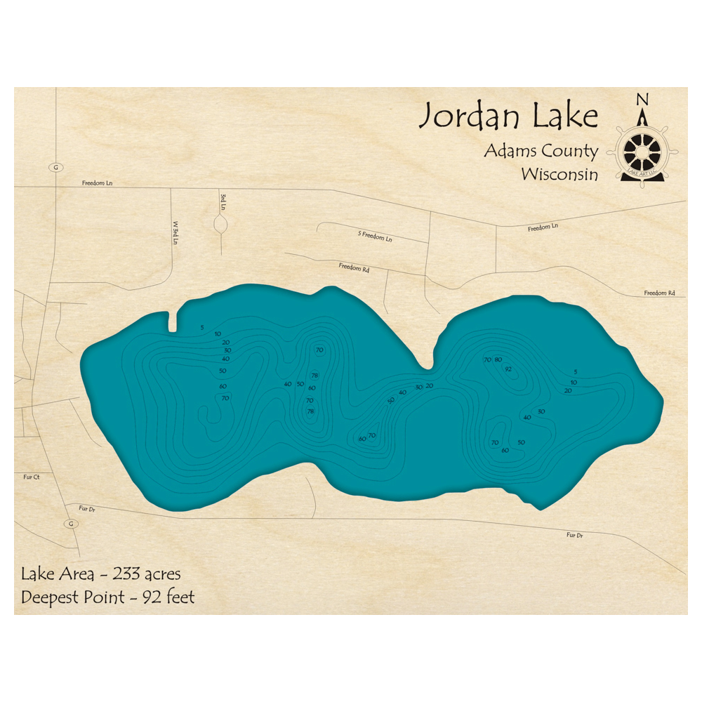 Bathymetric topo map of Jordan Lake, WI with roads, towns and depths noted in blue water.
