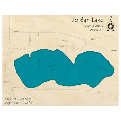 Bathymetric topo map of Jordan Lake, WI with roads, towns and depths noted in blue water.