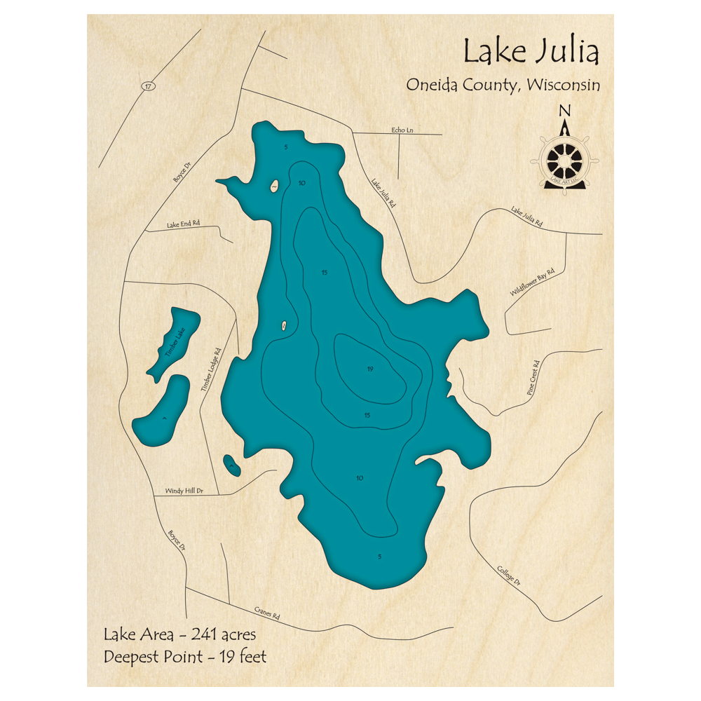Bathymetric topo map of Lake Julia, WI with roads, towns and depths noted in blue water.
