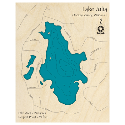 Bathymetric topo map of Lake Julia, WI with roads, towns and depths noted in blue water.