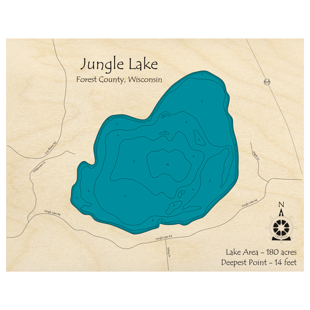 Bathymetric topo map of Jungle Lake, WI with roads, towns and depths noted in blue water.