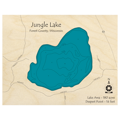 Bathymetric topo map of Jungle Lake, WI with roads, towns and depths noted in blue water.