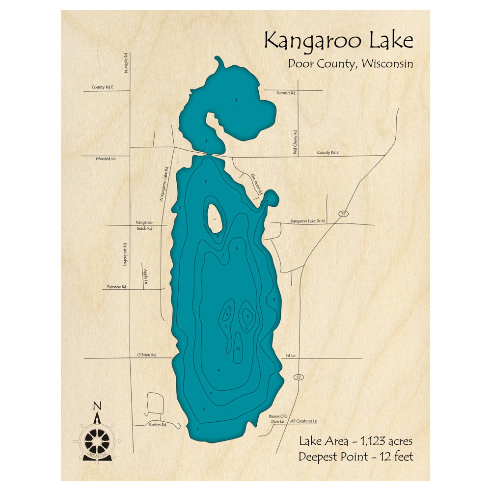 Bathymetric topo map of Kangaroo Lake, WI with roads, towns and depths noted in blue water.
