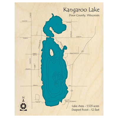 Bathymetric topo map of Kangaroo Lake, WI with roads, towns and depths noted in blue water.