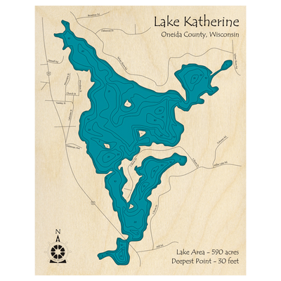 Bathymetric topo map of Lake Katherine, WI with roads, towns and depths noted in blue water.