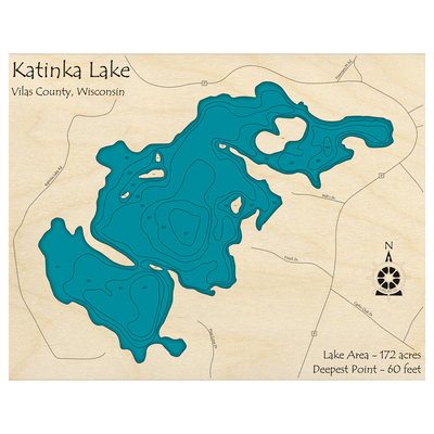 Bathymetric topo map of Katinka Lake, WI with roads, towns and depths noted in blue water.