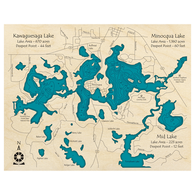 Bathymetric topo map of Kawaguesaga Lake Minocqua Lake Mid Lake, WI with roads, towns and depths noted in blue water.