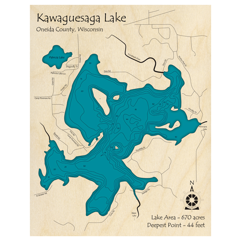 Bathymetric topo map of Kawaguesaga Lake, WI with roads, towns and depths noted in blue water.